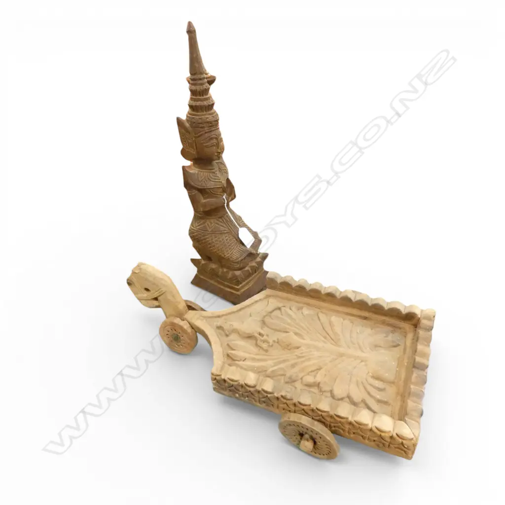 2 INDONESIAN CARVED WOODEN PIECES; TRAILER L.455mm, PRAYING FIGURE H.450mm Image 1++