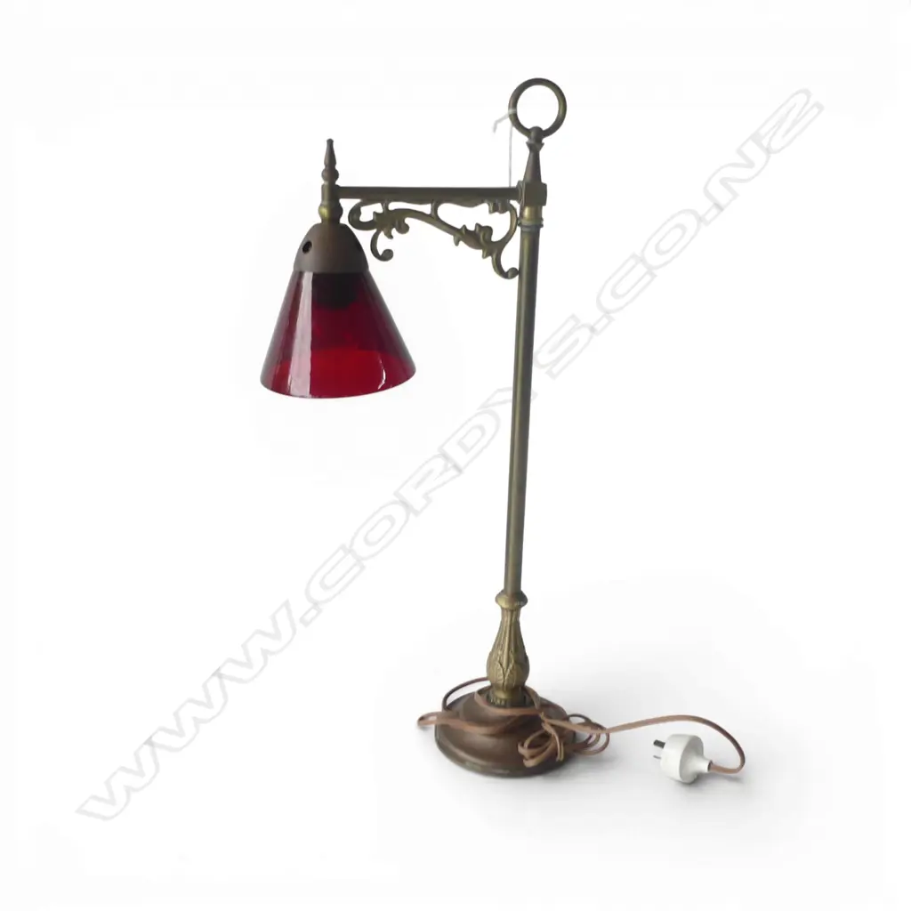 VINTAGE BRASS & COPPER RED GLASS SHADE DESK LAMP H510MM Image 1++