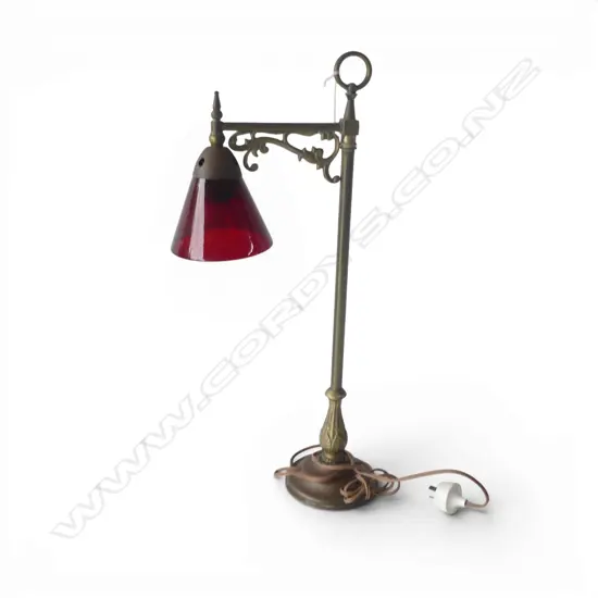 VINTAGE BRASS & COPPER RED GLASS SHADE DESK LAMP H510MM