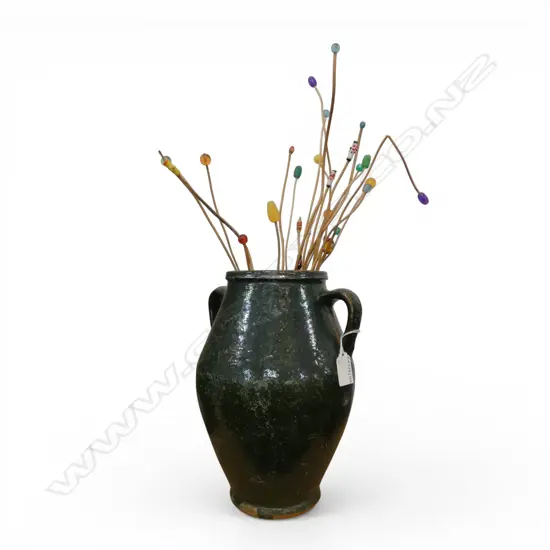 GREEN GLAZED SPAINISH 2 HANDLED OLIVE JAR  H290MM & DECROTIVE CONTENTS