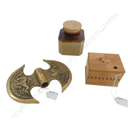 VINTAGE PUZZLE BOX, AXE HEAD & LIDDED JAR 