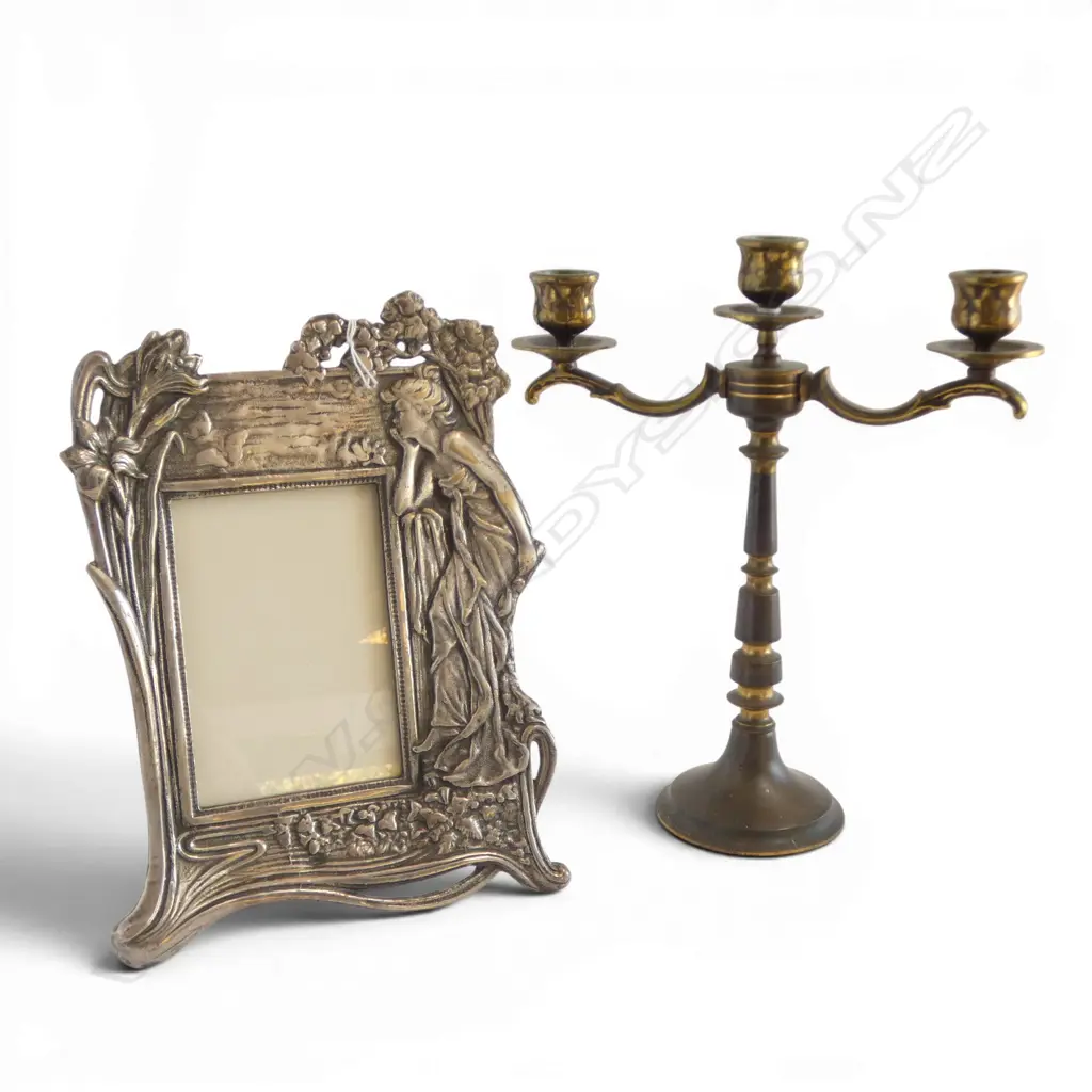SILVER PLATE ART NOUVEAU STYLE PHOTO FRAME + BRASS CANDLEABRA H.290mm Image 1++