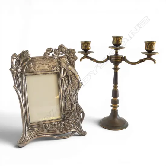 SILVER PLATE ART NOUVEAU STYLE PHOTO FRAME + BRASS CANDLEABRA H.290mm