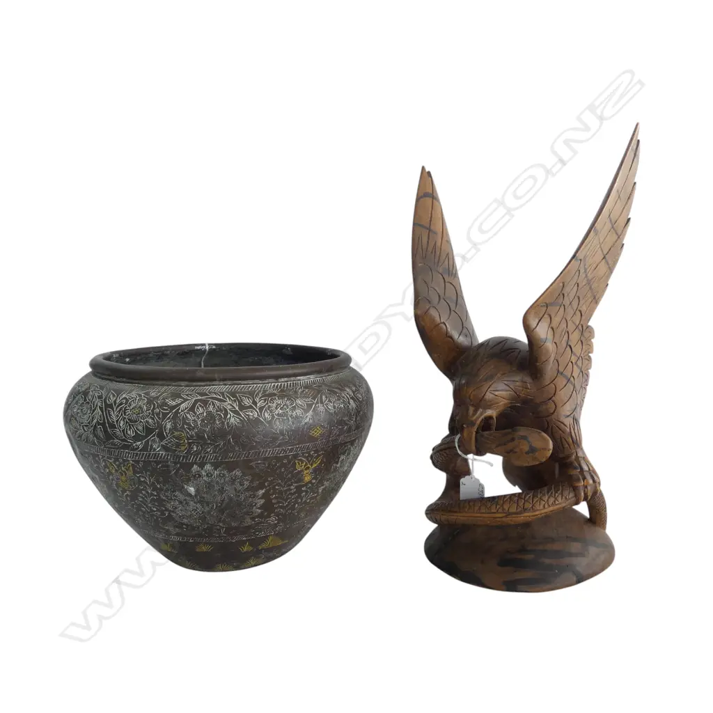 LRG CARVED WOODEN EAGLE & SNAKE, H.400m & VINTAGE ETHNIC HAND ENGRAVED METAL JARDINERE , H.200 x dia.280mm, hole in base Image 1++