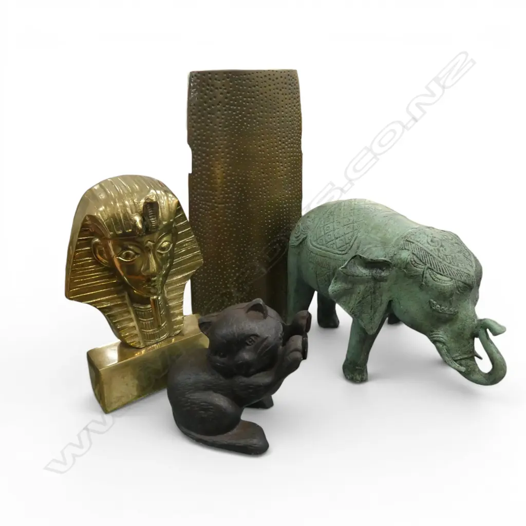 4 METAL PIECES; CAT DOOR STOP, VASE H.330mm, ELEPHANT, PHAROAH BUST Image 1++