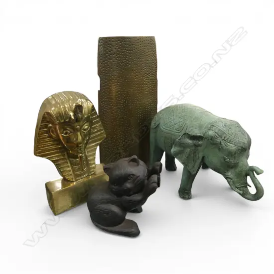 4 METAL PIECES; CAT DOOR STOP, VASE H.330mm, ELEPHANT, PHAROAH BUST