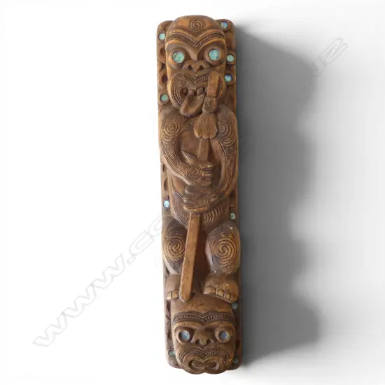 MODERN CARVED MAORI PANEL carvers initial 'M" below suspension hole H.660mm