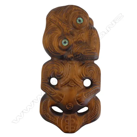 LRG CARVED WALL MOUNTED WOODEN TIKI w INLAID PAUA EYES, H.510mm