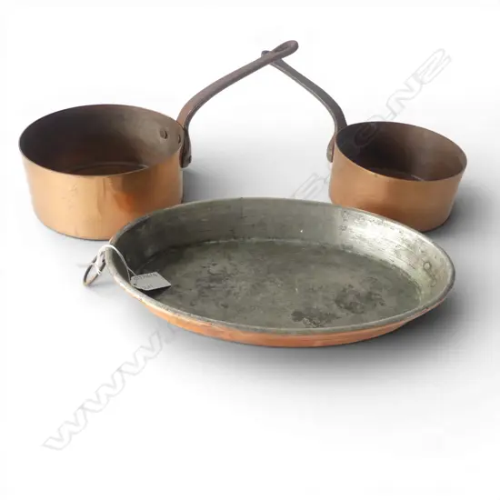 2 OLD COPPER SAUCEPANS 165mm dia + OVAL DISH 310x195mm