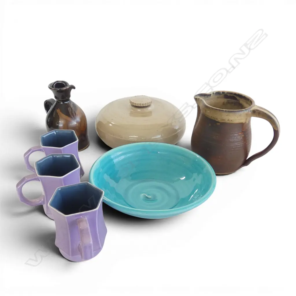 7 PCES OF STUDIO POTTERY Incl. TONY SLY BOWL, 3 BOB STEINER MUGS etc + TEMUKA BEDWARMER Image 1++