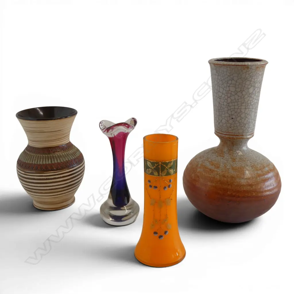 RETRO GERMAN VASE, SHINO GLAZE POTTERY VASE + 2 GLASS one w. chip H.230mm Image 1++