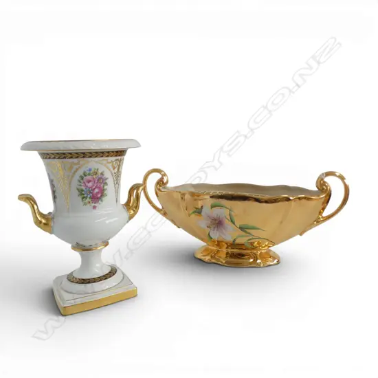 GERMAN PORCELAIN URN H.240mm + ROYAL WINTON GOLD VASE W.405mm hairline