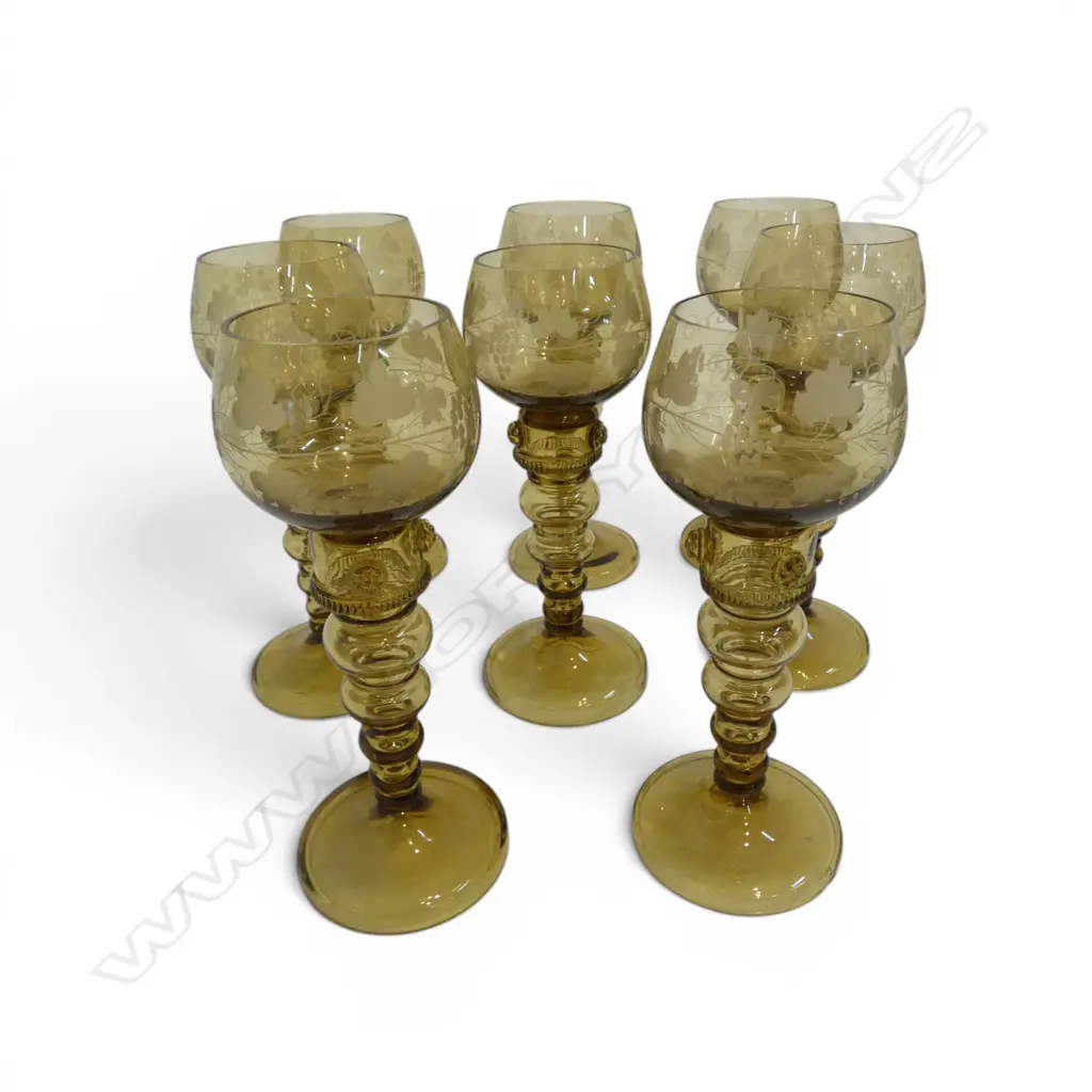 8 GREEN GLASS ETCHED GOBLETS hollow stem H.210mm Image 1++