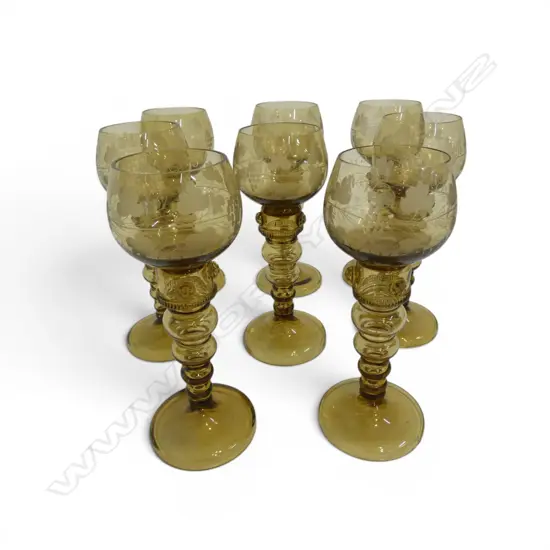 8 GREEN GLASS ETCHED GOBLETS hollow stem H.210mm