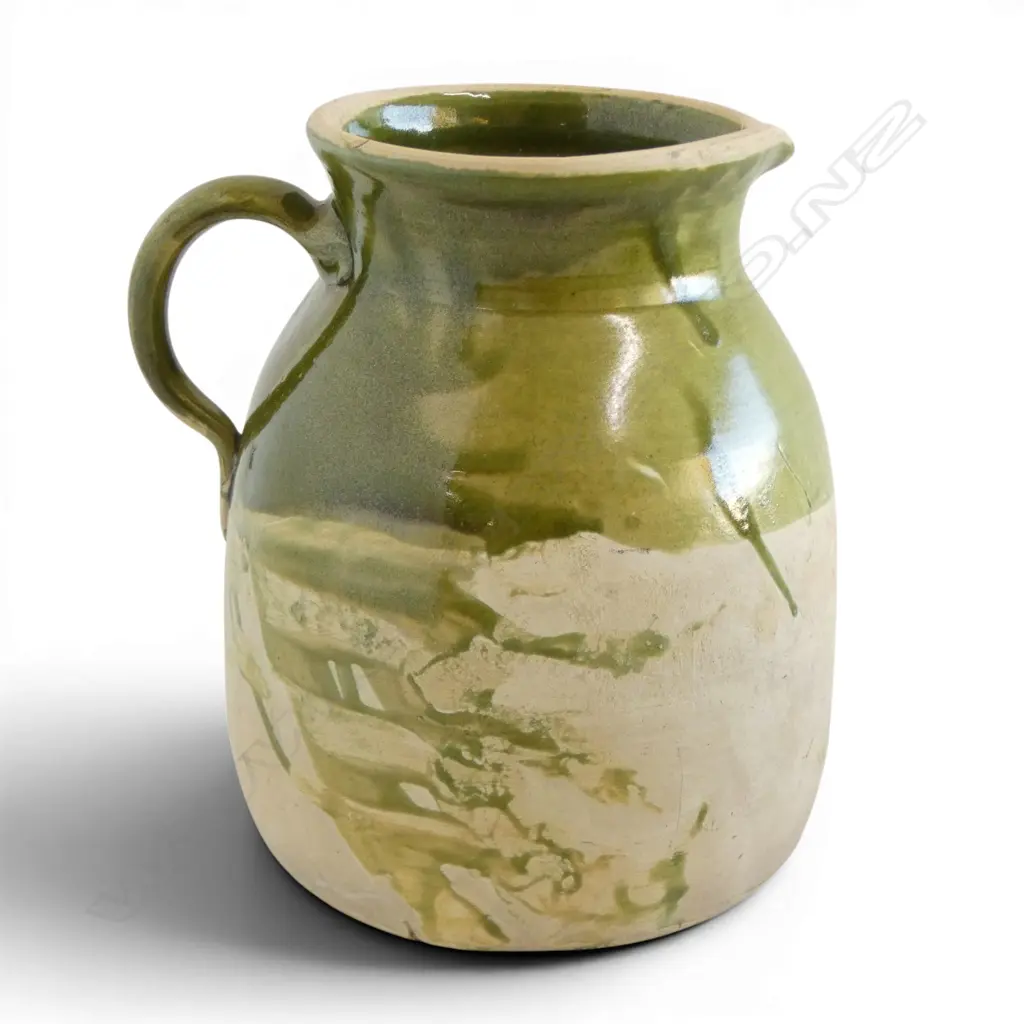 FRENCH GREEN GLAZED JUG crack in base repaired, H.200mm Image 1++