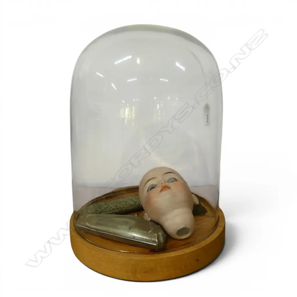 GLASS DOME ON WOODEN BASE H.280mm + DOLLS HEAD & EP PURSE & CASE, DOOR KNOCKER Image 1++