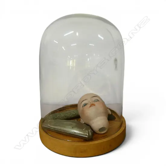 GLASS DOME ON WOODEN BASE H.280mm + DOLLS HEAD & EP PURSE & CASE, DOOR KNOCKER