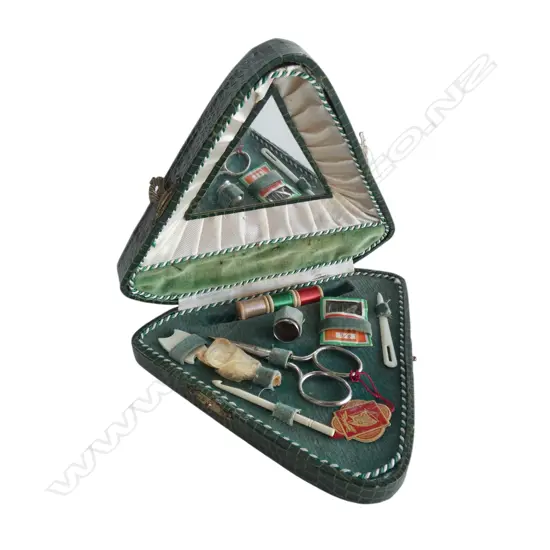ANTIQUE GREEN LEATHER SEWING KIT WITH FITTED INTERIOR W.185MM