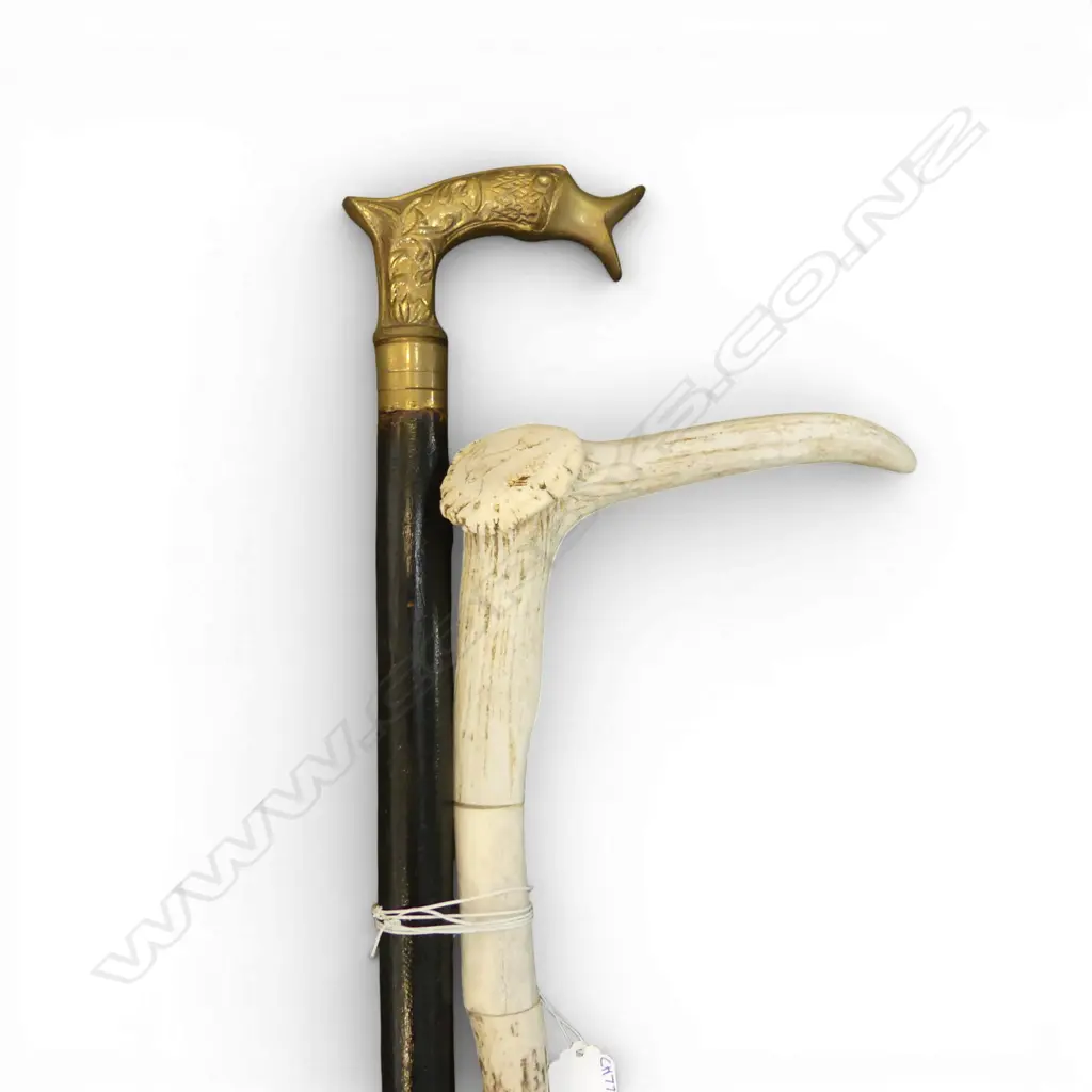 2 VINTAGE WALKINGSTICKS 1 STAG HORN 1 BRASS HANDLED Image 1++