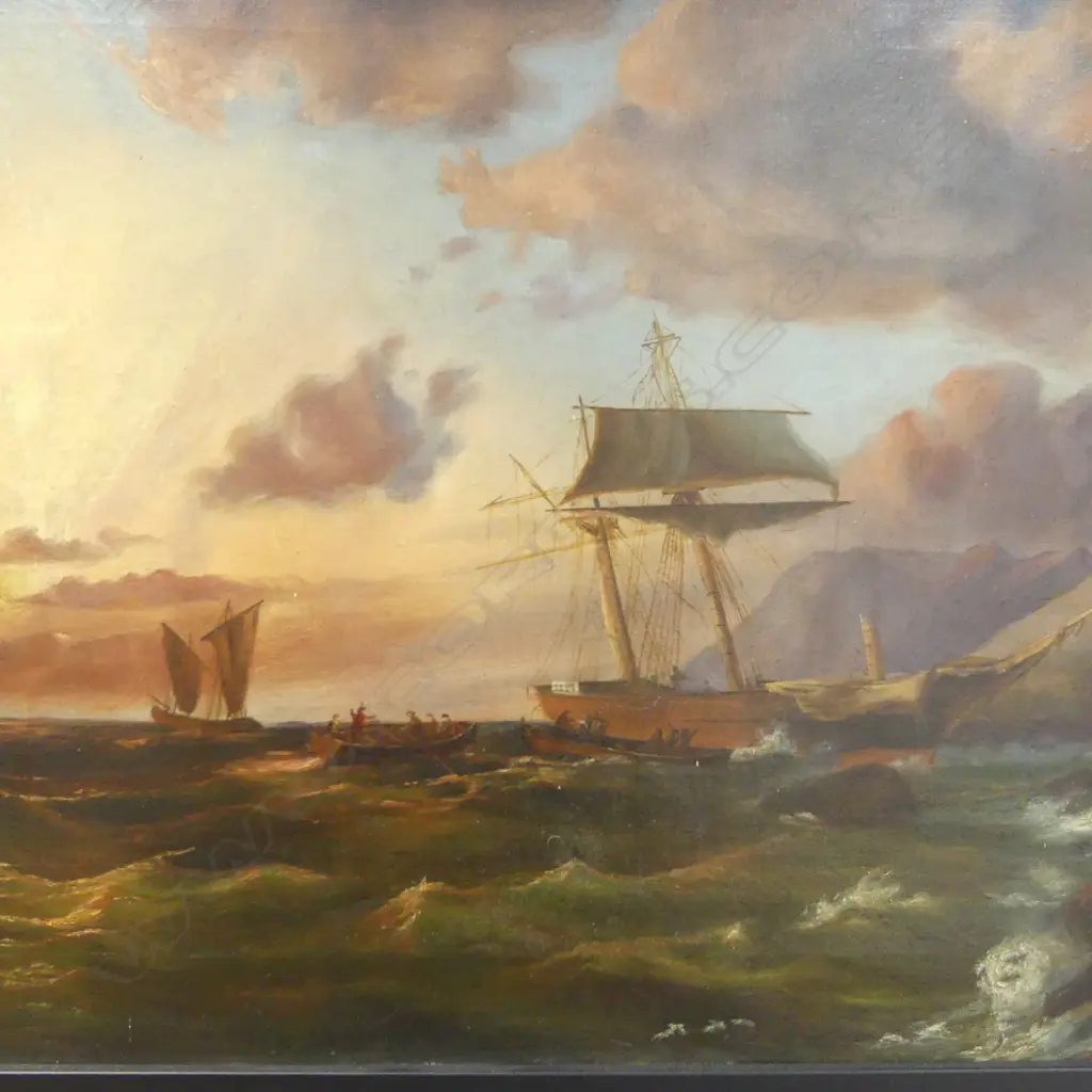 19thC ARTIST UNKNOWN, SHIP WRECK SCENE, OIL ON CANVAS 440x750mm recently professionally cleaned and reframed Image 1++