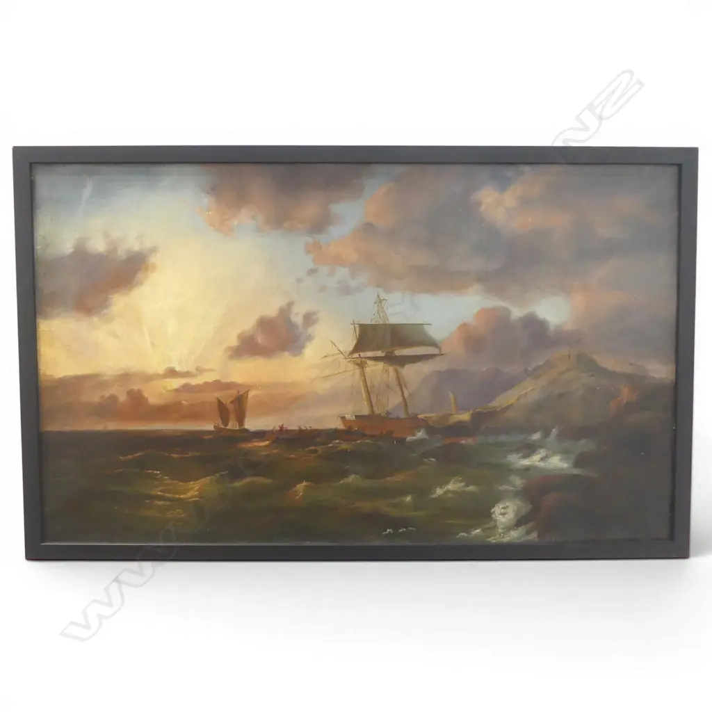 19thC ARTIST UNKNOWN, SHIP WRECK SCENE, OIL ON CANVAS 440x750mm recently professionally cleaned and reframed Image 1++