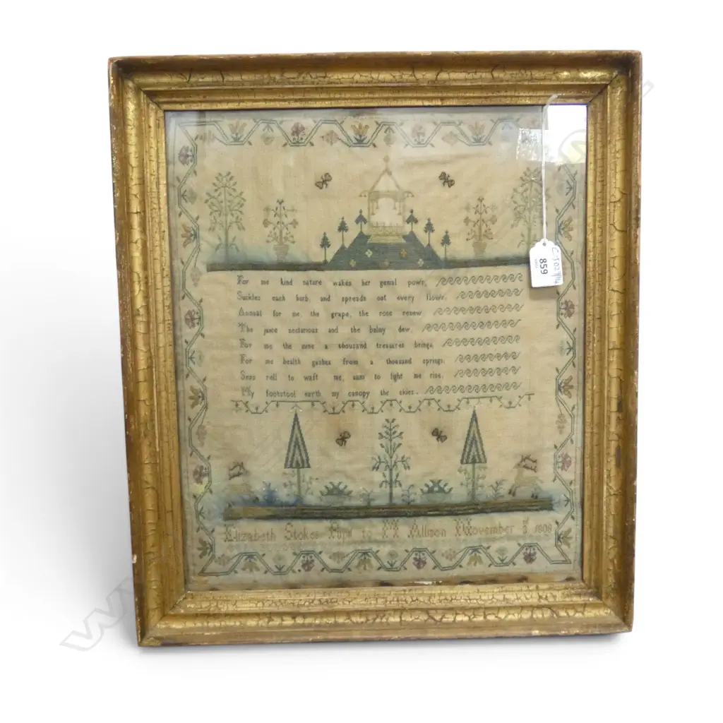 ANTIQUE SAMPLER 'ELIZABETH STOKES PUPIL TO M ALLISON NOVEMBER 3RD 1808' 380x325mm  Image 1++