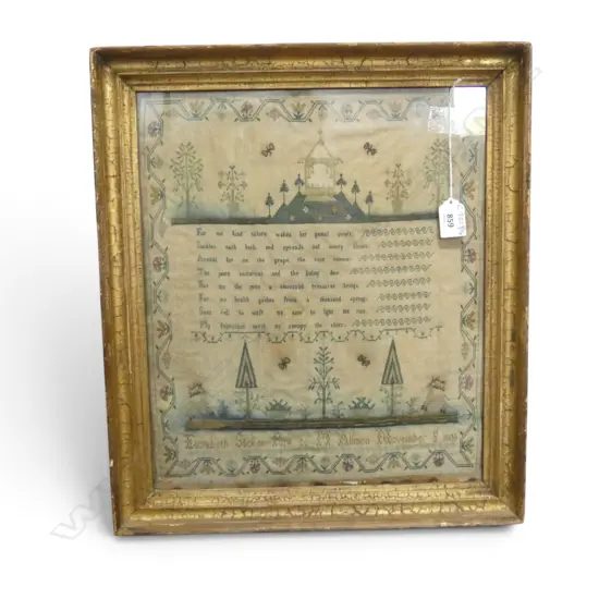 ANTIQUE SAMPLER 'ELIZABETH STOKES PUPIL TO M ALLISON NOVEMBER 3RD 1808' 380x325mm 