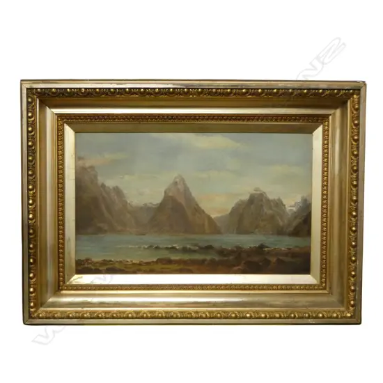 JOHN GIBB 1831-1909, MITRE PEAK, MILFORD SOUND, OIL ON BOARD 265x445mm