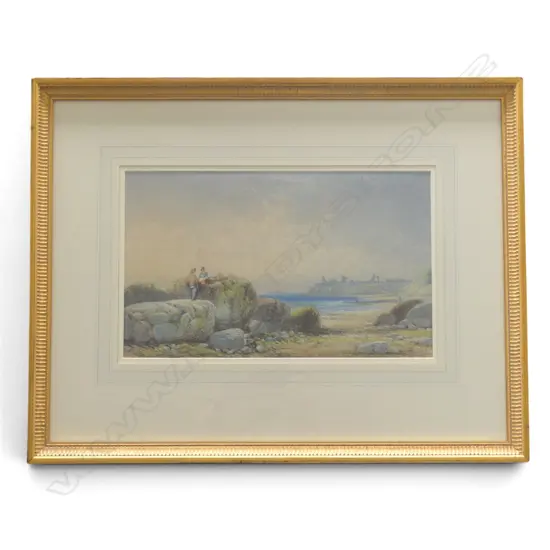THOMAS HARPER (UK 1820–1889) 'A PICNIC NEAR TYNEMOUTH ON THE NORTHUMBRIAN COASTLINE' WC, SIGNED & DATED 1867 250x410mm