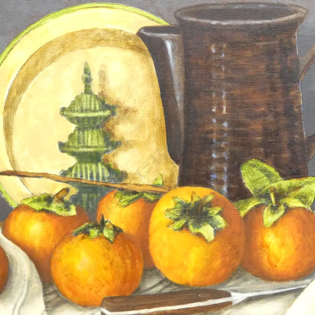 ROGER STAPLES (1942-2025) 'STILL LIFE WITH PERSIMONS' acrylic on linen signed. Entitled & dated 2011 verso. 560 X 715mm Image 1++