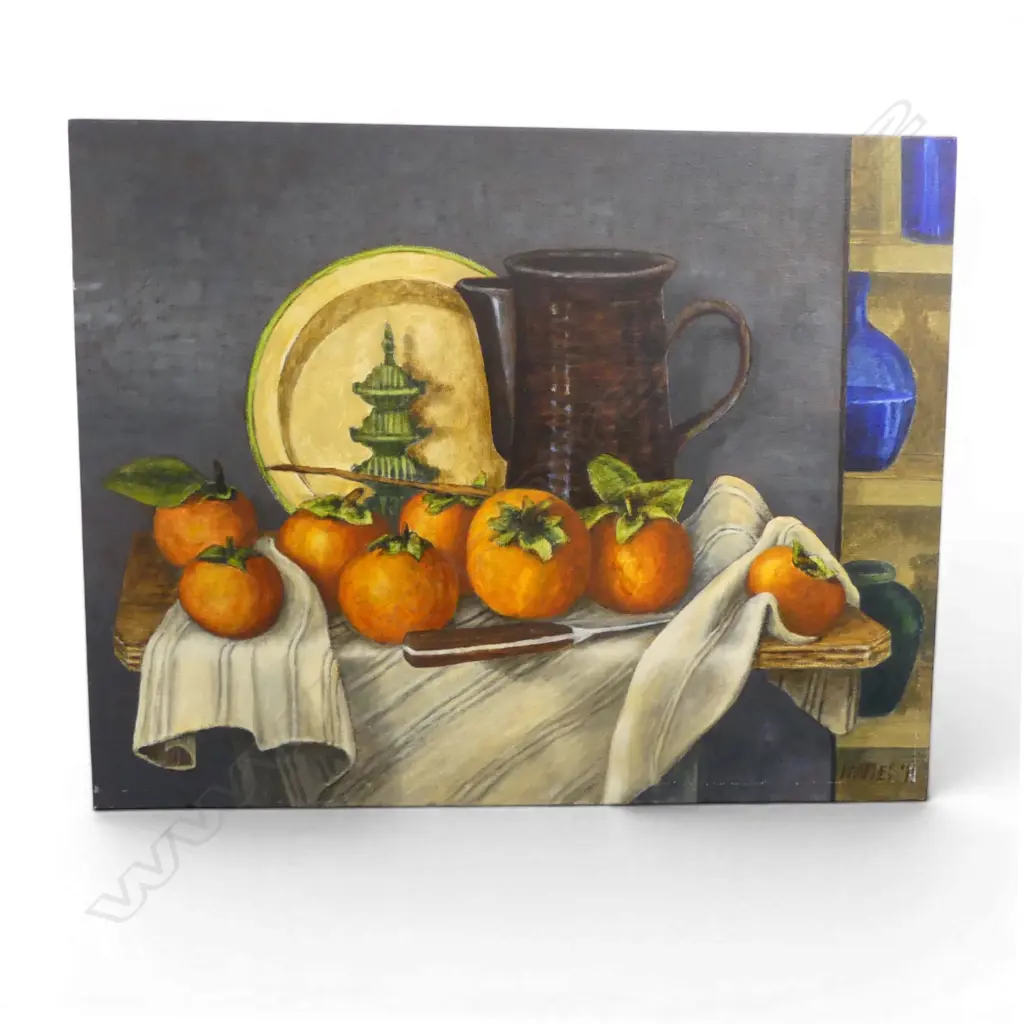 ROGER STAPLES (1942-2025) 'STILL LIFE WITH PERSIMONS' acrylic on linen signed. Entitled & dated 2011 verso. 560 X 715mm Image 1++