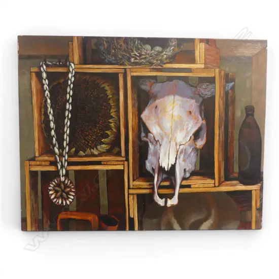 ROGER STAPLES (1942-2025) 'COW SKULL- SUN FLOWER - BOXES' acrylic on linen signed. Entitled dated 2014 verso. 560 x710mm