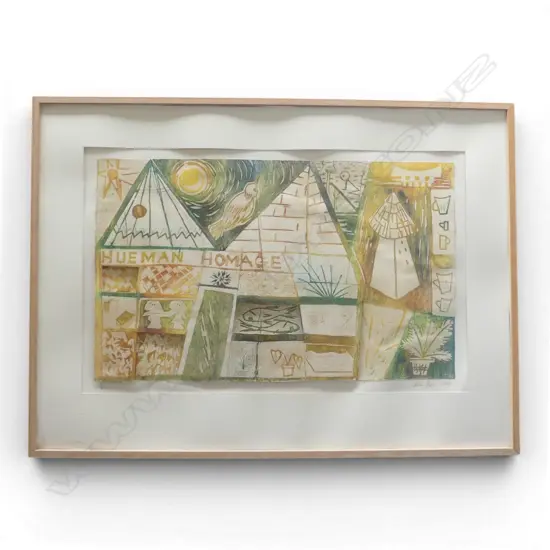JULIE PLOWS " HUEMAN HOMAGE'" 1998 SIGNED  FRAMED COLLAGE 1/6, 460 X 750MM DEFAULT TO THE MAT
