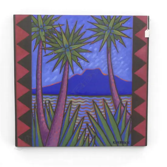KAYE HERRICK 'RANGITOTO WITH CABBAGE TREES' ACRYLIC ON BOARD 600x610mm