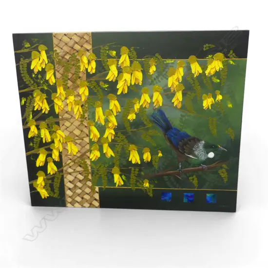 DESIREE OOSTHUYSEN, KOWHAI FLOWERS & TUI, ACRYLIC ON CANVAS 510x610mm