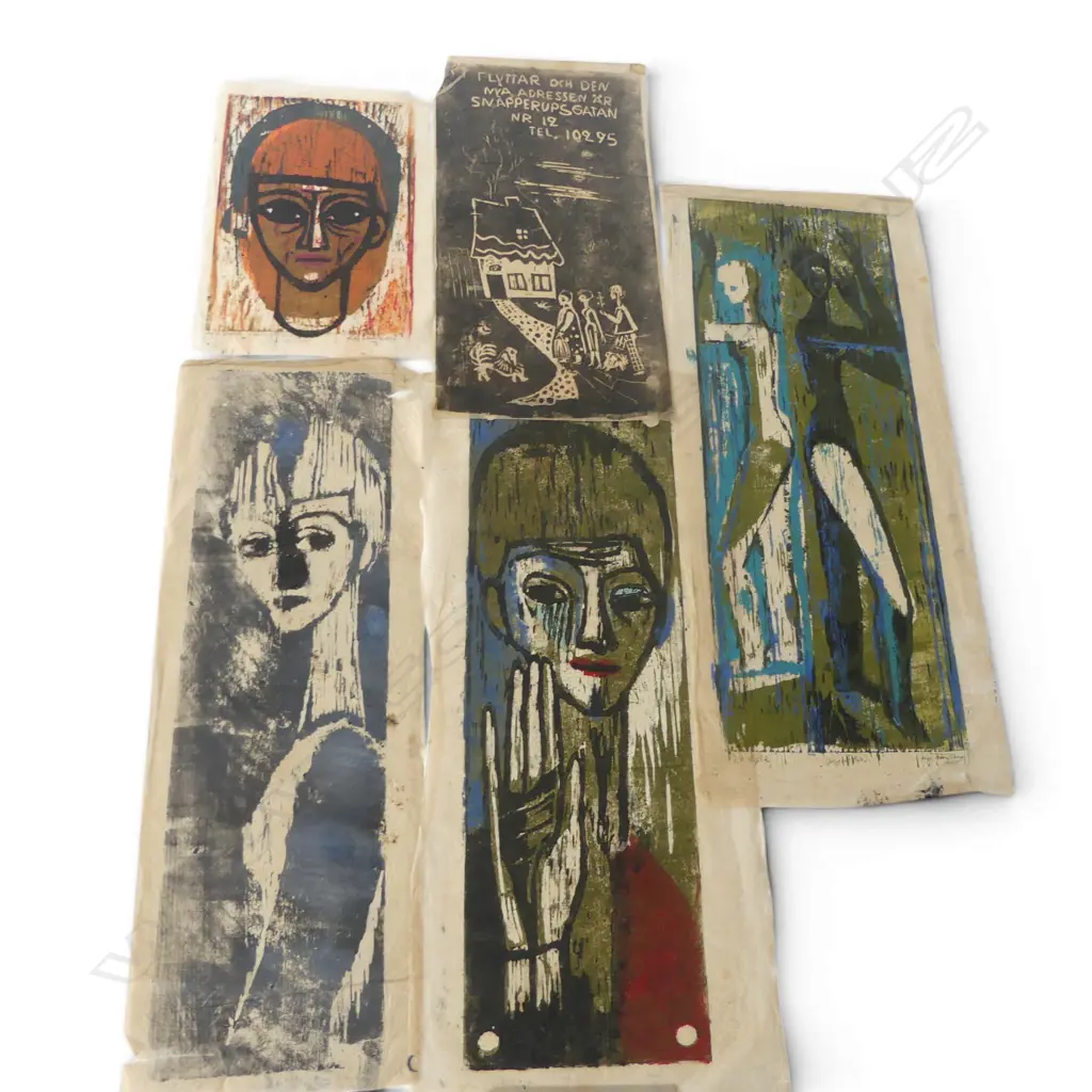 MAJ HEMBURG (SWEDISH), GROUP OF FIVE FIGURATIVE WORKS, WOODCUTS, MOST SIGNED AND TITLED, VARIOUS SIZES (A/F - ALL FOXED) Image 1++