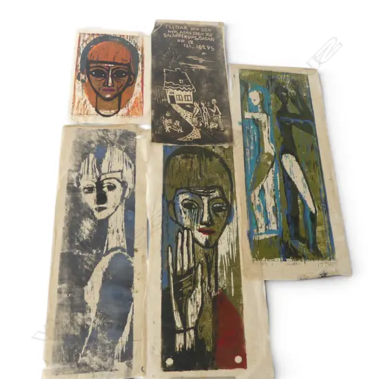 MAJ HEMBURG (SWEDISH), GROUP OF FIVE FIGURATIVE WORKS, WOODCUTS, MOST SIGNED AND TITLED, VARIOUS SIZES (A/F - ALL FOXED)