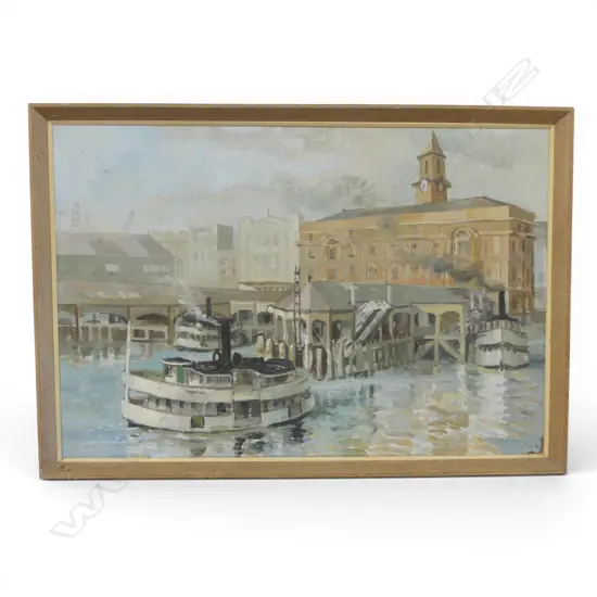 JOCELYN DYE (1957) FERRY BUILDING IN THE EARLY MORNING (AUK), OIL ON BOARD, 535x790mm 