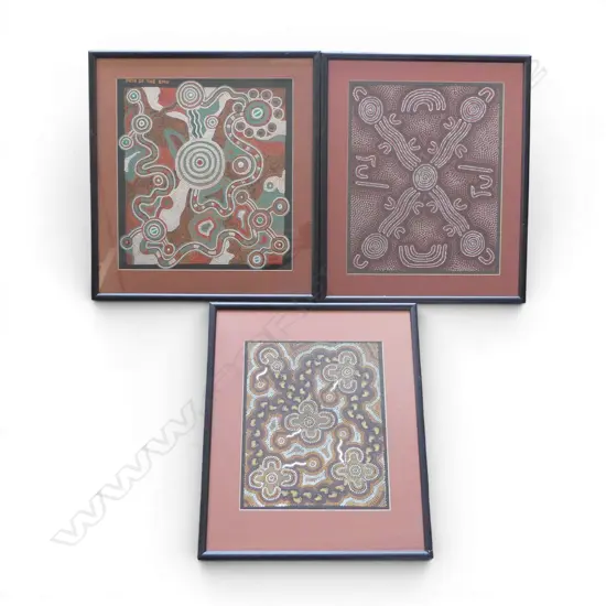 3 ABORIGINAL ART PRINTS ON FABRIC 'PATH OF THE EMU' 410x380mm