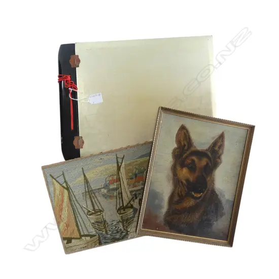 D WALLBANK,  ALSASTIAN 1947, OIL on BOARD & VINTAGE EMBROIDERY 'THE HARBOUR' & VINTAGE LAQUERED PHOTO ALBUM
