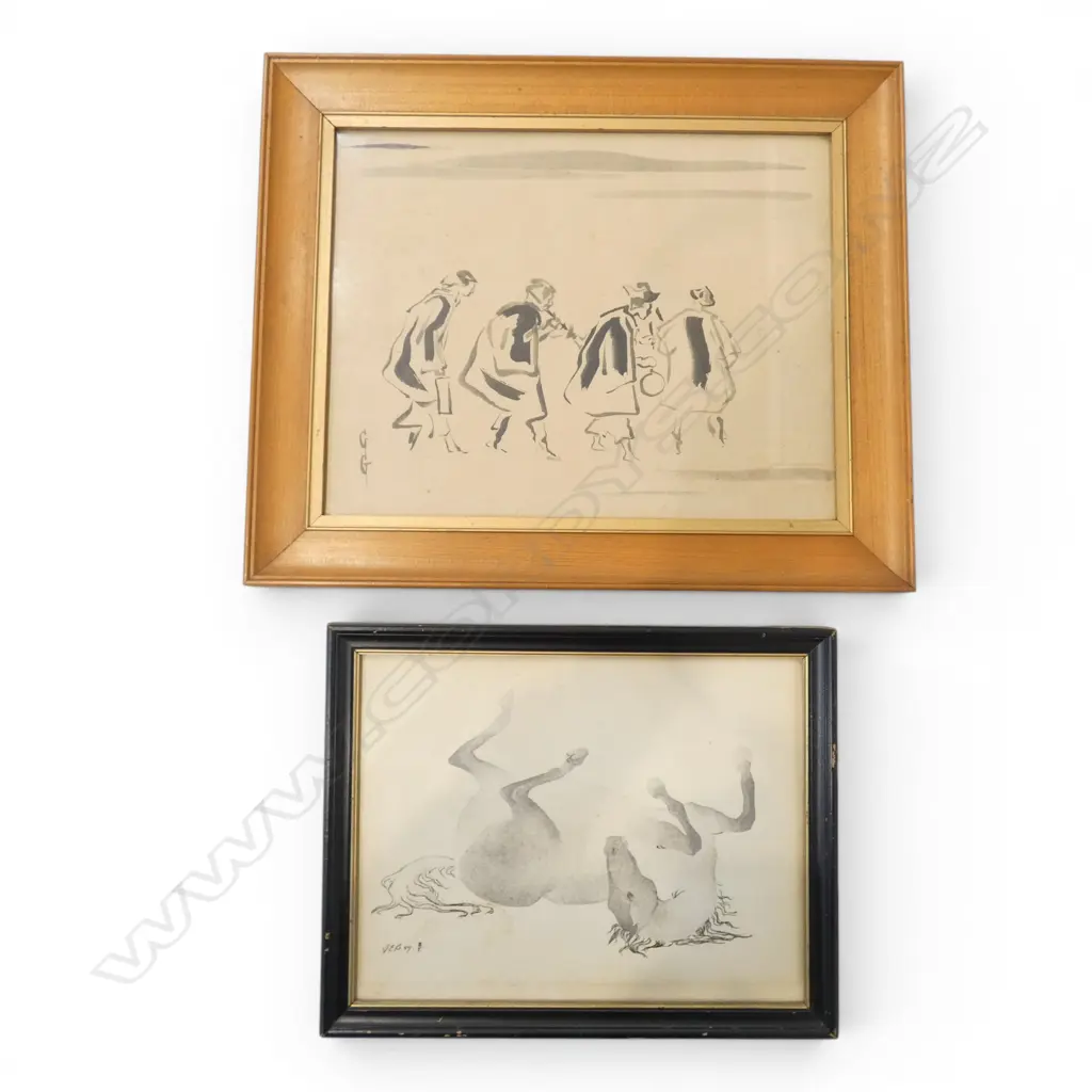 2 WORKS - INITIALLED G.G, FIGURES, INK & WASH, 240 X 310MM AND ESTHER BELLIS, HORSE LITHOGRAPH, 195 X 260mm Image 1++