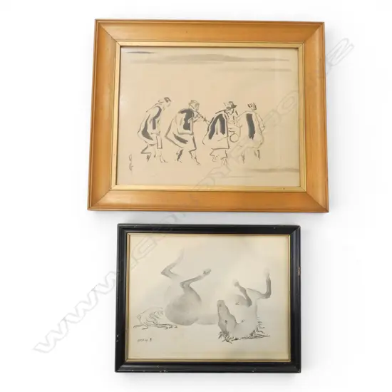 2 WORKS - INITIALLED G.G, FIGURES, INK & WASH, 240 X 310MM AND ESTHER BELLIS, HORSE LITHOGRAPH, 195 X 260mm