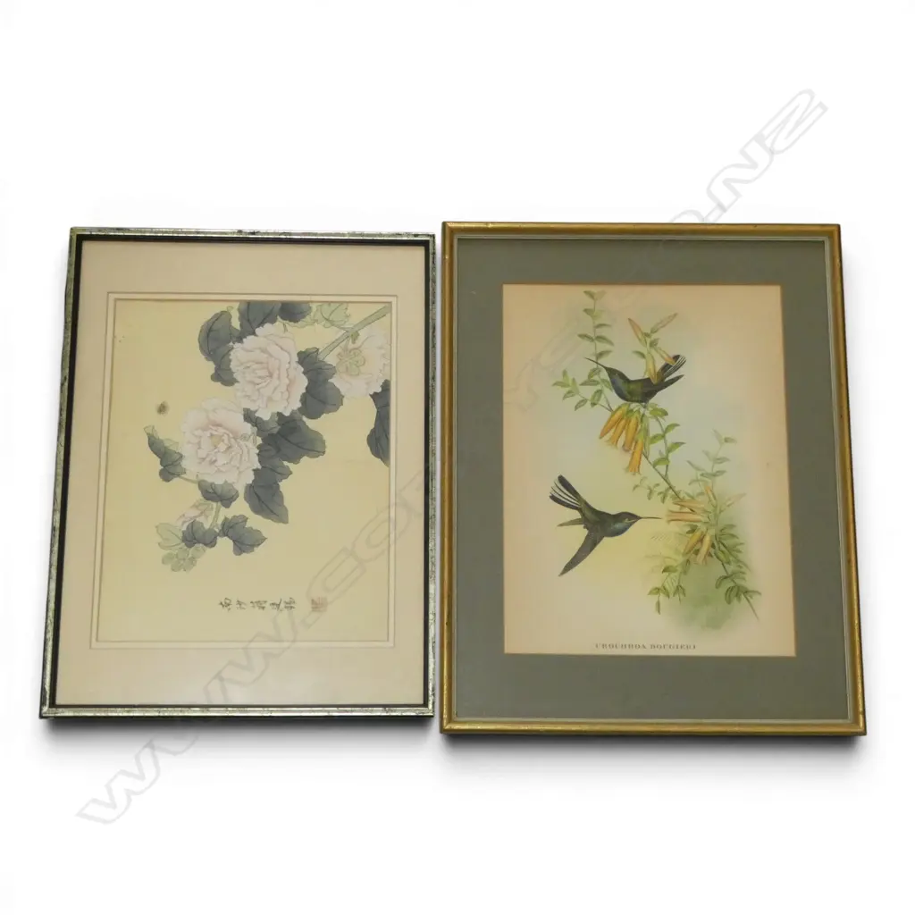 COLOURED LITHOGRAPH 'FAMILY of HUMINGBIRDS' & CHINESE PTG on SILK PEONIES, 490x400 & 370x480mm Image 1++