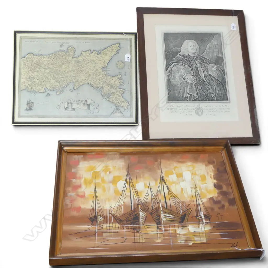FRAMED ETCHING OF Dr. BENJAMIN HOADLY, MAP OF SOUTHERN ITALY + SIGNED PAINTING Image 1++
