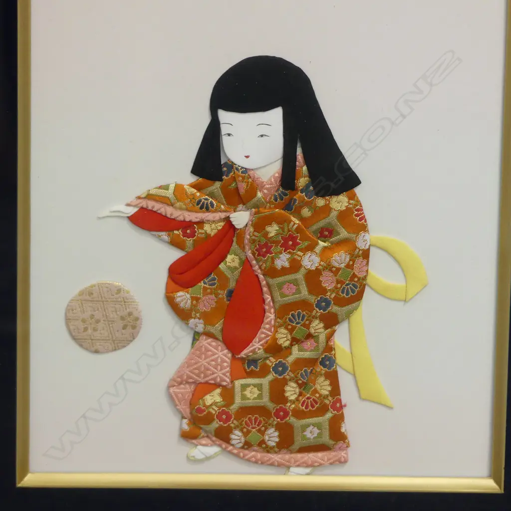 2 JAPANESE STITCHED KIMONO PICTURES OF GIRLS. 260 X 230mm. Black mounted & framed under glass Image 1++
