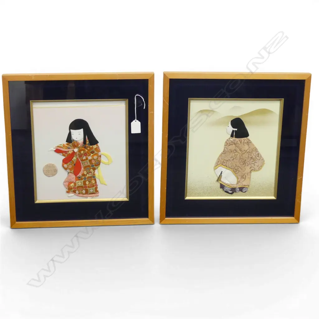 2 JAPANESE STITCHED KIMONO PICTURES OF GIRLS. 260 X 230mm. Black mounted & framed under glass Image 1++