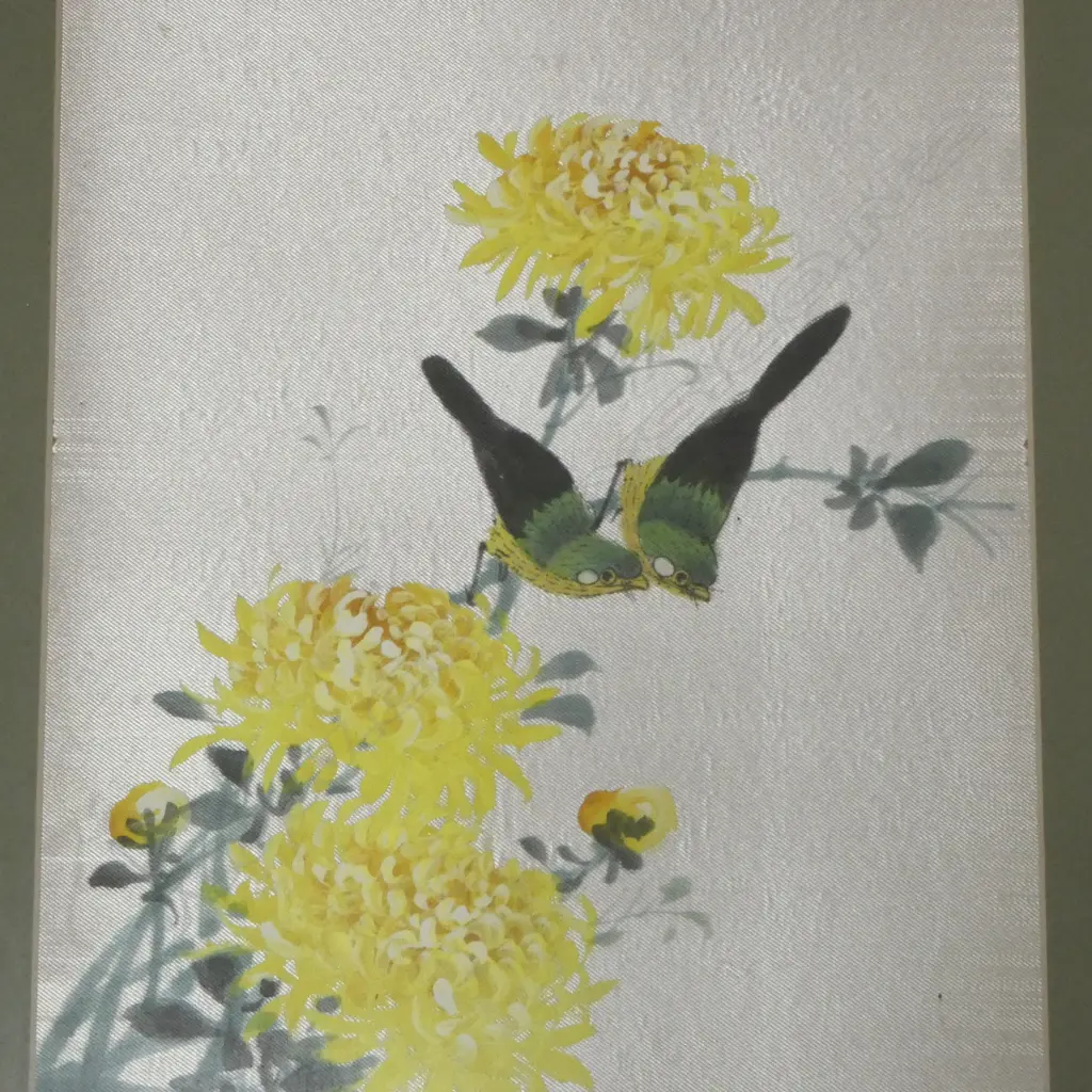 2 ORIENTAL ARTWORKS; LANDSCAPE PRINT, BIRDS & FLOWERS ON FABRIC 415x250mm Image 1++
