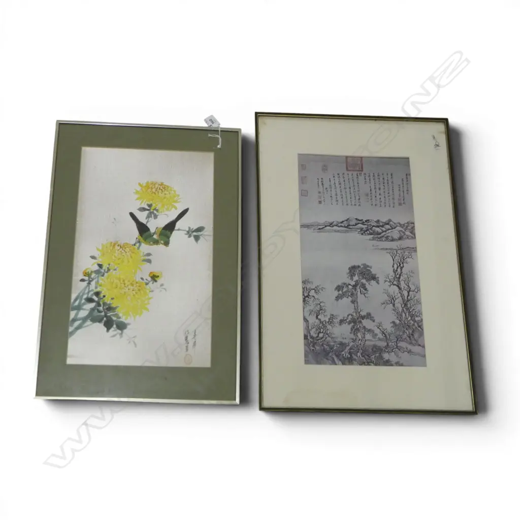 2 ORIENTAL ARTWORKS; LANDSCAPE PRINT, BIRDS & FLOWERS ON FABRIC 415x250mm Image 1++