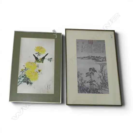 2 ORIENTAL ARTWORKS; LANDSCAPE PRINT, BIRDS & FLOWERS ON FABRIC 415x250mm