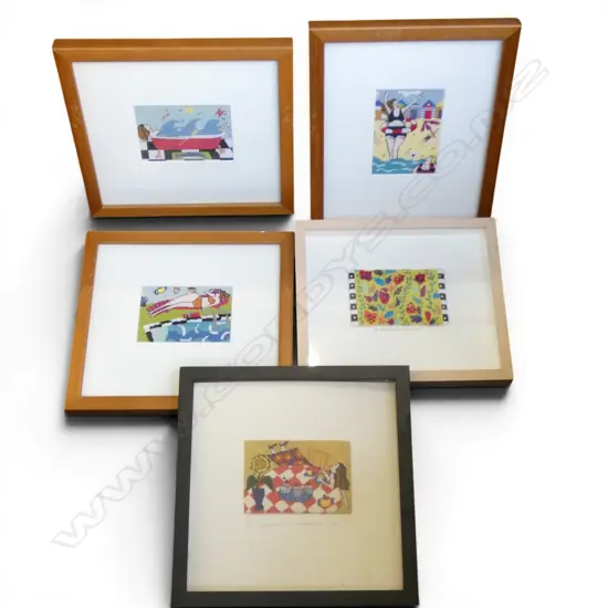 5 FRAMED MODERN CROSS-STITCH TAPESTRIES